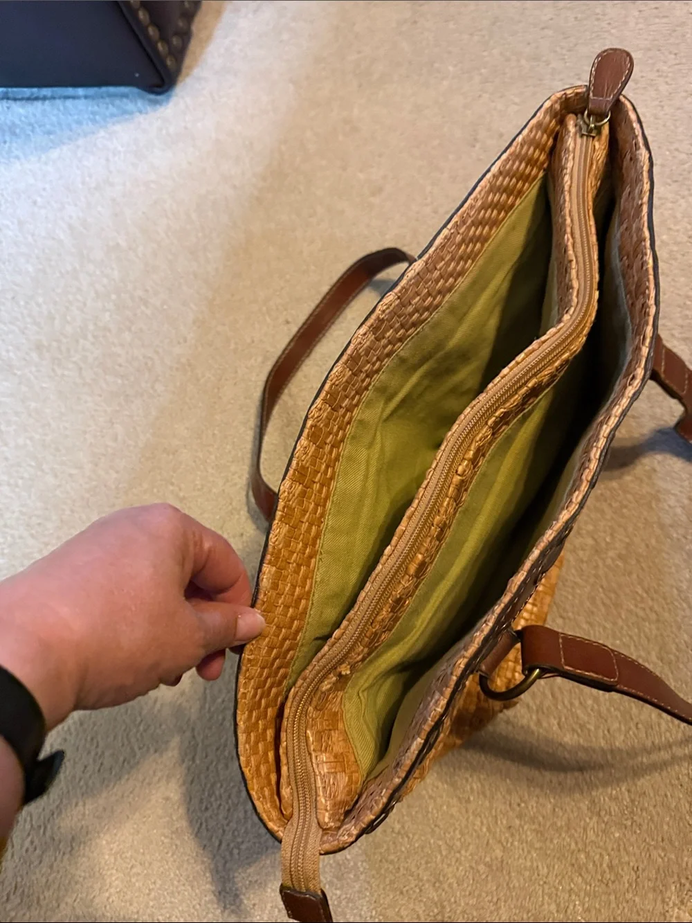 Fossil Woven Straw Tote with Brown Leather Trim - Picture 3 of 11